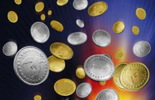 Various coins falling