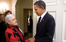 President Barack Obama greets Dr. Marigold Linton (Official White House photo by Pete Souza)