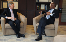 Dr. Robert Kaplan (left), who directs the National Institutes of Health Office of Behavioral and Social Sciences Research, talked about his priorities with APA CEO Dr. Norman Anderson (credit: Lloyd Wolf)