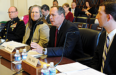 APA member Dr. M. David Rudd, center, testified before the House Veterans Affairs Subcommittee on Health on the need to help members of the military transition to civilian life. He is joined, from left to right, by Chaplain Dr. John Morris, Dr. Shelley MacDermid Wadsworth and APA member Dr. George Ake III APA member Dr. M. David Rudd, center, testified before the House Veterans Affairs Subcommittee on Health on the need to help members of the military transition to civilian life. He is joined, from left to right, by Chaplain Dr. John Morris, Dr. Shelley MacDermid Wadsworth and APA member Dr. George Ake III