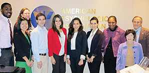 APA United Nations interns and representatives (left to right): Jarell Myers, Shuchang Kang, Dr. Susan Nolan, David Kerner, Ceren Sönmez, Sepideh Alavi, Dr. Farnaz Kaighobadi, Dr. Roseanne Flores, Dr. Janet Sigal and Dr. Neal Rubin. (Not pictured: Drs. Juneau Gary and Rashmi Jaipal. credit: Merry Bullock) 