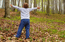 Little boy standing in the woods