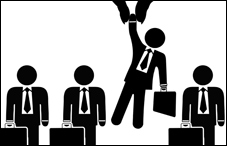 Graphic of Giant Hand picking executive