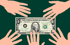 Hands reaching for a one dollar bill