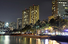 City buildings and palm trees at night 