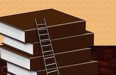 Latter leaning against stack of books