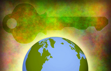 Abstract illustration of large key over the globe