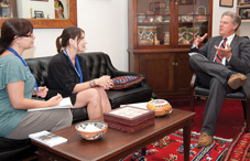 Gwyn White, a clinical psychology graduate student at Rutgers, and Kathleen Van Dyk, a neuropsychology student at Graduate Center, City University of New York, met with Rep. Frank Pallone (D-N.J.). (credit: Nick Crettier)