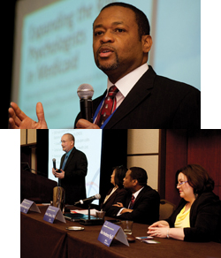 Top: Dr. Arthur C. Evans Jr., commissioner of Philadelphia’s Department of Behavioral Health and Intellectual disAbility Services. Bottom: Speakers at the State Leadership Conference:(left to right) Dr. Stephen R. Gillaspy, of the University of Oklahoma Health Sciences Center, Shirley Higuchi, of APA’s Practice Directorate, Dr. Arthur C. Evans Jr., of Philadelphia’s Department of Behavioral Health and Intellectual disAbility Services, and Dr. Robin Henderson, of the Central Oregon Health Council.