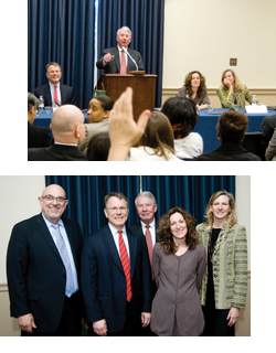 Top: Briefing moderator Charles O’Keeffe takes questions from the audience. Bottom: Briefing participants Drs. Michael E. Kilpatrick, Wilson M. Compton, Charles O’Keeffe, Abigail Gewirtz and Kathleen M. Carroll. (credit: Charles Votaw)
