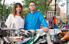 Drs. Beth S. Meister and Jeffrey L. Brown visited the Boston Marathon finish line where a memorial of running shoes has been left to honor the victims of the April 15 bombings. (credit: Evan Richman) 