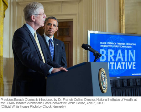 President Barack Obama is introduced by Dr. Francis Collins, Director, National Institutes of Health, at the BRAIN Initiative event in the East Room of the White House, April 2, 2013. (Official White House Photo by Chuck Kennedy) 