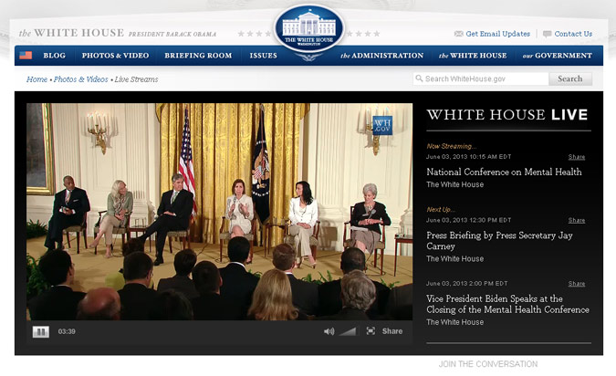 Monday's National Conference on Mental Health, shown here in a screen capture from its live broadcast on the Internet from the White House, included a panel featuring (left to right): Norman B. Anderson, PhD, CEO of APA; Glenn Close, actress and founder of Bring Change 2 Mind; Gordon H. Smith, president and CEO of the National Association of Broadcasters; Barbara Van Dahlen, PhD, founder of Give an Hour; Janelle Montano, speaker for Active Minds; and Health and Human Services Secretary Kathleen Sebelius.