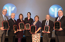 Seven leaders accepted APA’s 2014 Psychologically Healthy Workplace Awards and Best Practices Honors at the State Leadership Conference. From left to right: John Gaspari, University of Southern California; Rocco Schiralli, Porter-Starke Services; Sherry Leggett, Certified Angus Beef; Kathee Rebernak, Framework; Marla C. Halvorson, St. Luke’s; Dr. Robert deMayo, Beach Cities Health District; and Thomas J. Walter, Tasty Catering. (credit: Larry Canner Photography)