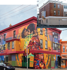 This building mural titled “It Has To Be From Here ... Forgotten But Unshaken” by Betsy Casañas, was created with community members and service recipients from Asociación Puertorriqueños en Marcha Inc. as part of the Porch Light Program (©2012 City of Philadelphia Mural Arts Program/ Betsy Casañas, APM Health Clinic, 3263 N. Front Street)