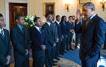 President Barack Obama greets participants before an event to highlight “My Brother’s Keeper,” an initiative to expand opportunity for young men and boys of color, in the East Room of the White House, Feb. 27, 2014. (Official White House Photo by Pete Souza)