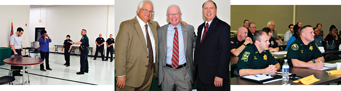 Police in Meridian, Mississippi, worked with psychologists to learn about the best ways to approach and help people with mental health conditions.  The training was conducted by (left to right) Dr. Randolph Dupont of the University of Memphis, Dr. Thomas Kirchberg, chief of psychology at the VA Medical Center in Memphis and Maj. Sam Cochran, retired, Memphis Police Department.