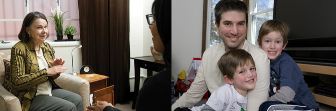 Left: Robyn El-Bardai, 74, says it is never too late to return to school. After working in education and personnel management for 30 years, she decided to apply to psychology graduate school to pursue her lifelong interest in helping immigrants and refugees. (credit: Rod Searcey) Right: Seth Roseman’s sons were 1 and 4 when he decided to apply to psychology graduate school at Wayne State University in Detroit. He believes careful planning is one reason his family has fared well during the transition. (credit: Dwight Cendrowski)