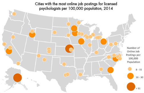 Cities with the most online job postings for licensed psychologists per 100,000 population, 2014