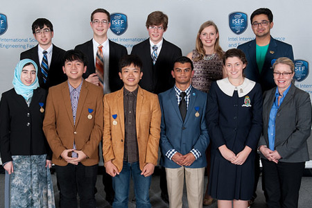 2015 Intel International Science and Engineering Fair winners: Top Row (left to right): Yousuf Asfari, Colter Norick, Colin Norick, Margaret Steiner, Arsh Shah Dilbagi. Bottom Row (left to right):  Sarah Asfari, Tran Minh Hieu, Le Hoang Nhat, Aansh Shah, Alexandra Garth, Tammy Hughes (APA)