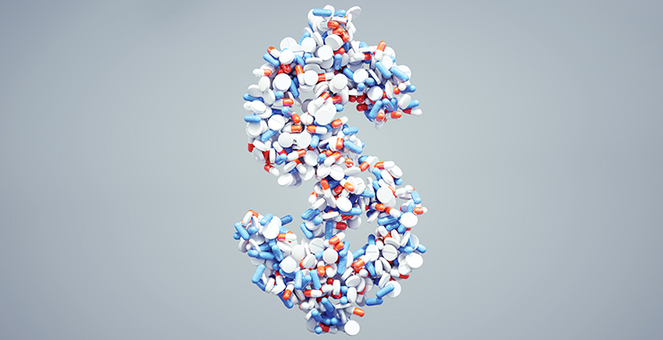 Abstract image of dollar sign built out of pills