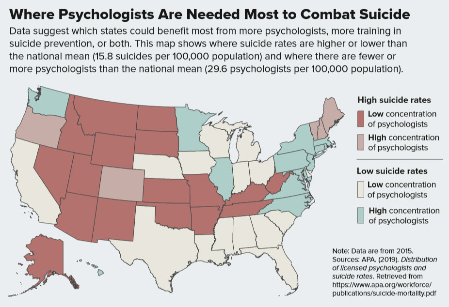 map of where psychologists are needed the most to combat suicide