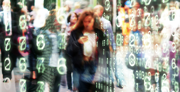 Abstract image of woman walking with a smartphone with numbers overlay