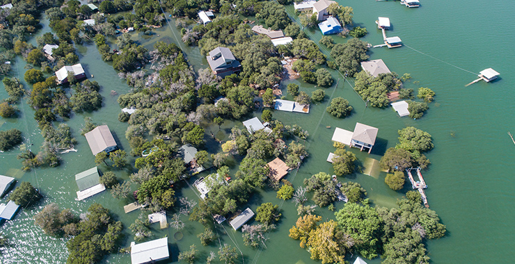 Aerial view of flooded neighborhood