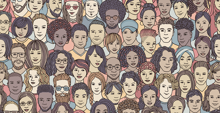 Illustration showing faces of many different genders and ethnicities