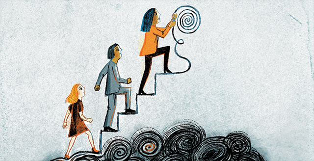 Artist rendition of woman leading co-workers up stairs