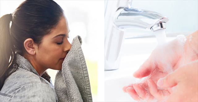 two people engaged in common habits: smelling towels, washing hands