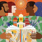 heads representing different cultures surrounding a university building