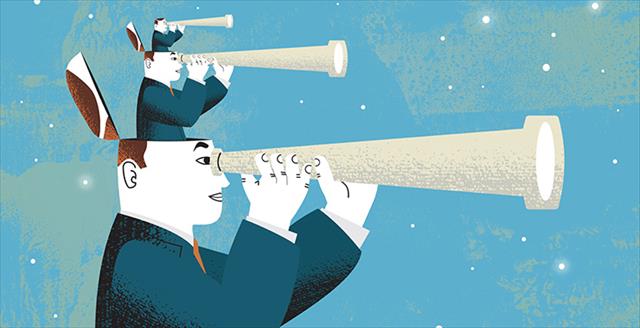 graphic of three people looking through long spyglasses