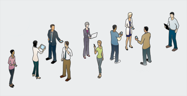 diverse group of people standing around using handheld social media devices