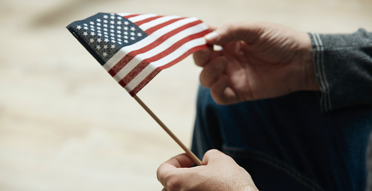 person holding a small american flag