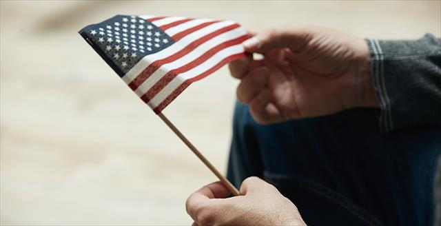 person holding a small american flag