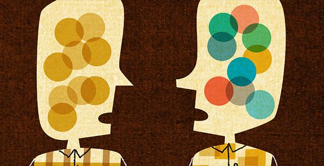 graphic representation of two people with different view talking