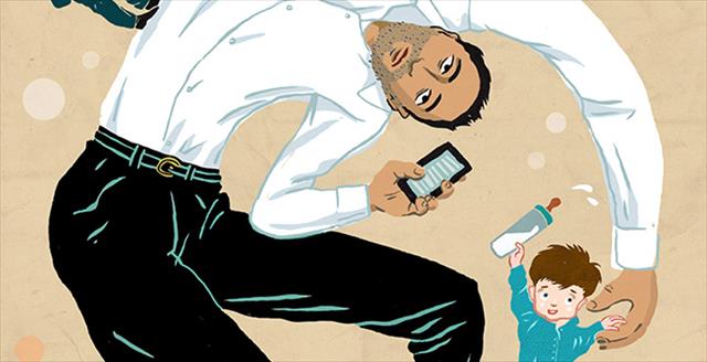 graphic art of a parent bent over trying to juggle work and child
