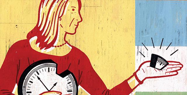artwork depicting an employee holding a piece out of a timeclock