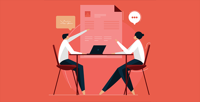 graphic of two people sitting at a table discussing a report