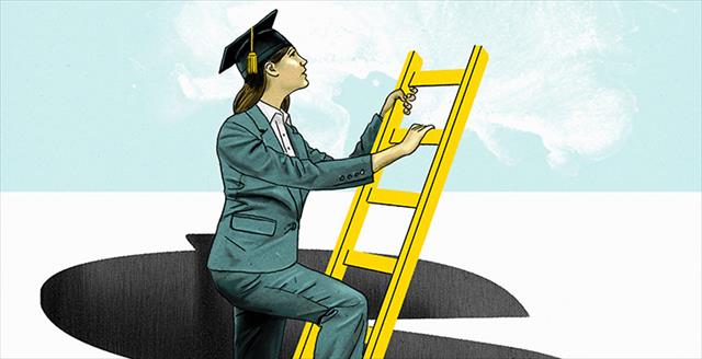 woman climbing a ladder through a dollar sign