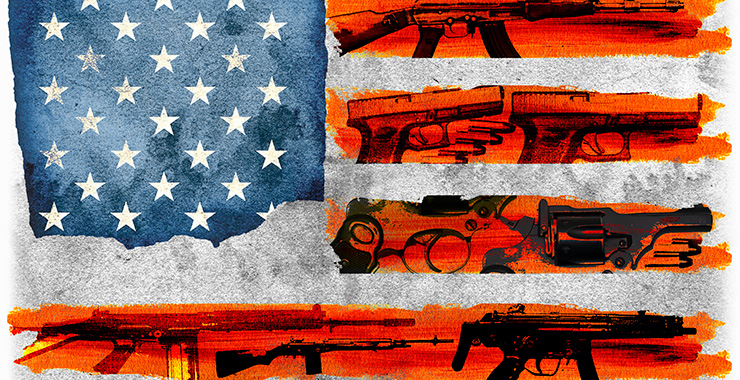 graphic of american flag with guns superimposed on fabric