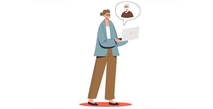 artist image of woman holding a laptop speaking with someone
