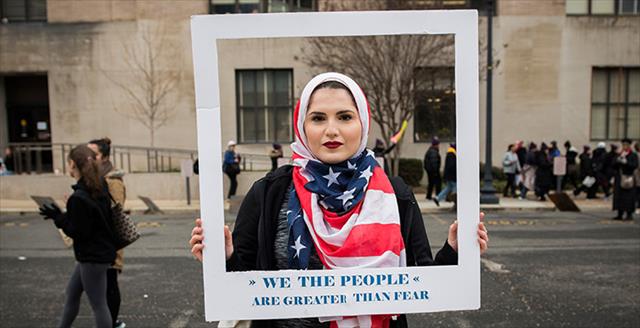woman wearing an American flag headscarf