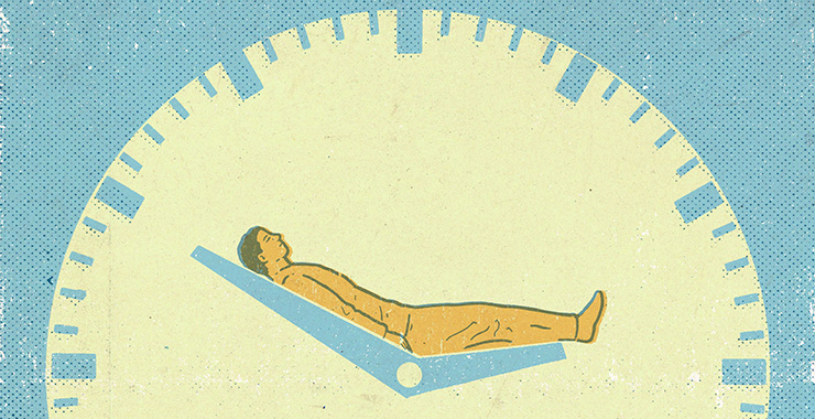 graphic representation of a person reclining on the hands of a clock