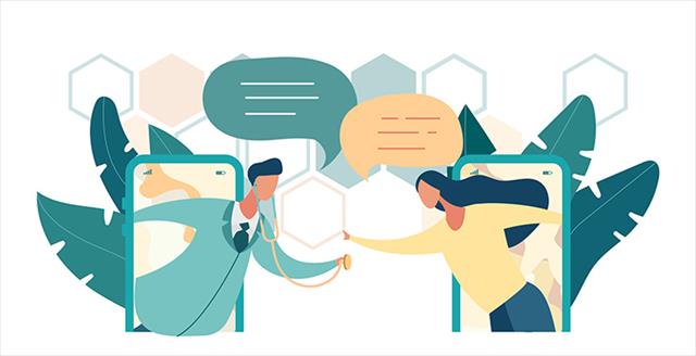 graphic of a patient interacting with a professional on smart phones