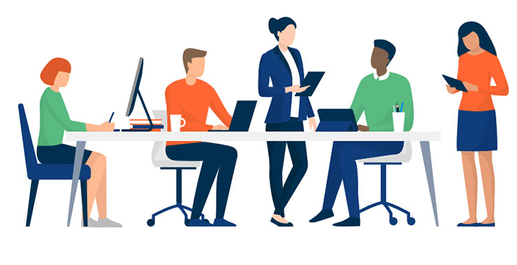 graphic of people working with a laptop and clipboard together around a table
