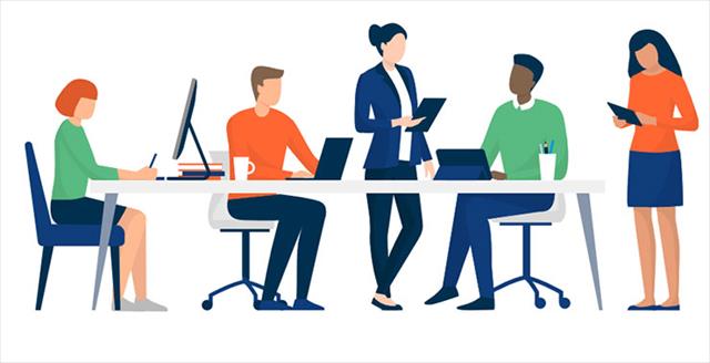graphic of people working with a laptop and clipboard together around a table