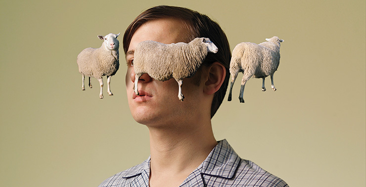 graphic depicting a young man with sheep floating around his head