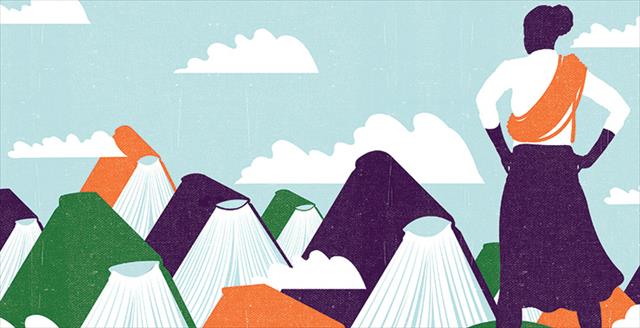 illustration of a person looking at a horizon of books